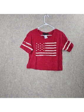 Polly & Esther Womens Crop Top Red American Flag Detail Distressed M Cotton